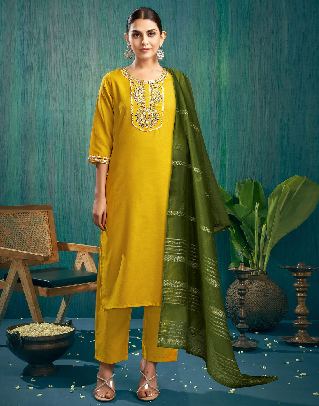 Mustard Yellow Cotton Embroidery Straight Kurta Set  With Dupatta