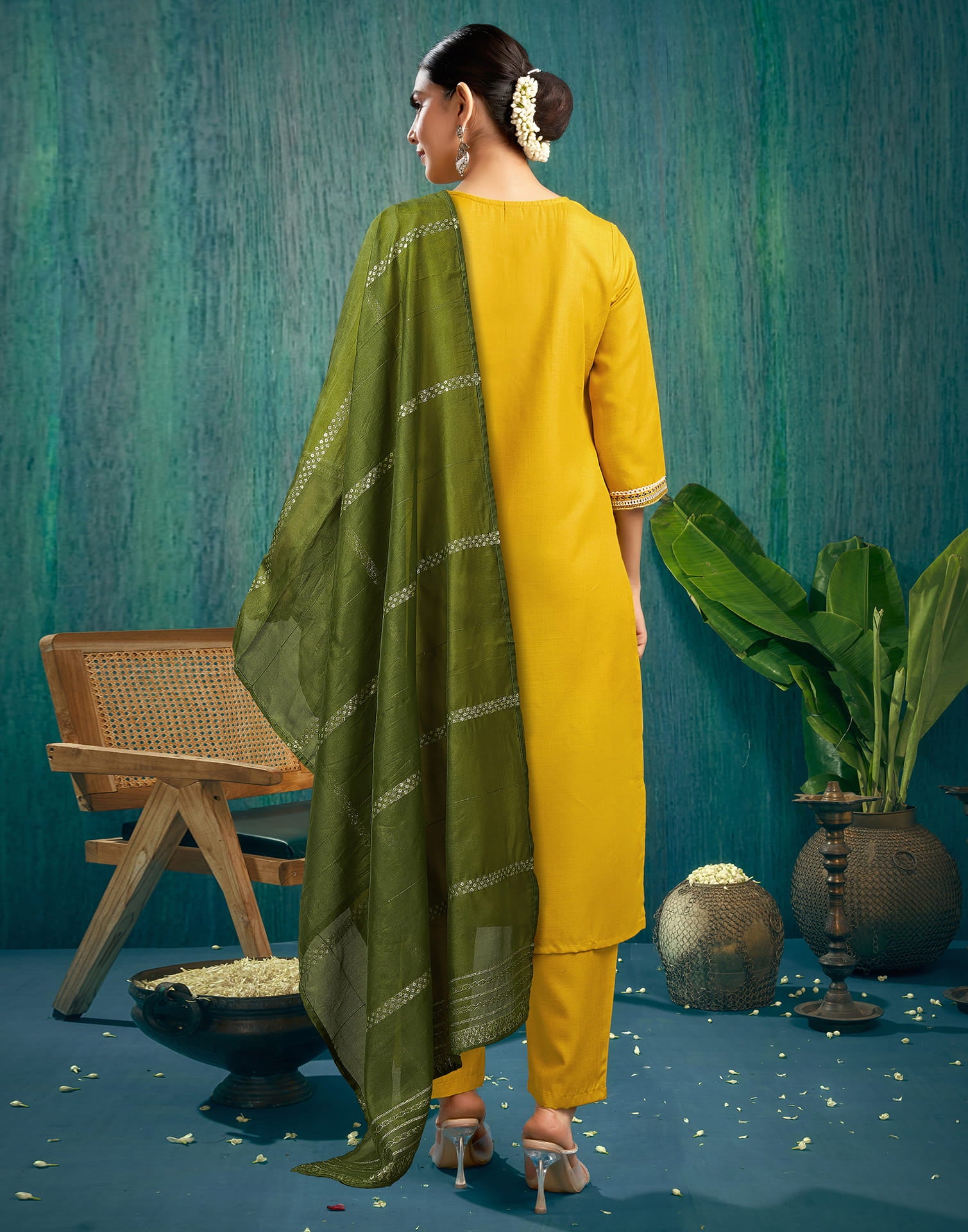 Mustard Yellow Cotton Embroidery Straight Kurta Set  With Dupatta