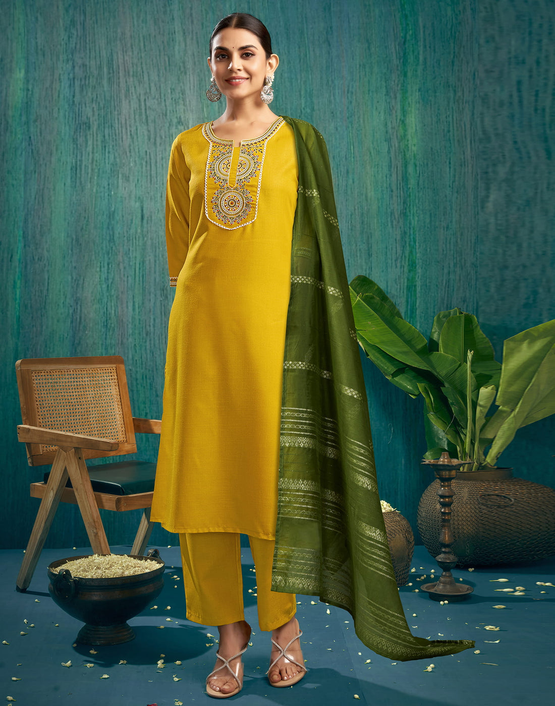 Mustard Yellow Cotton Embroidery Straight Kurta Set  With Dupatta