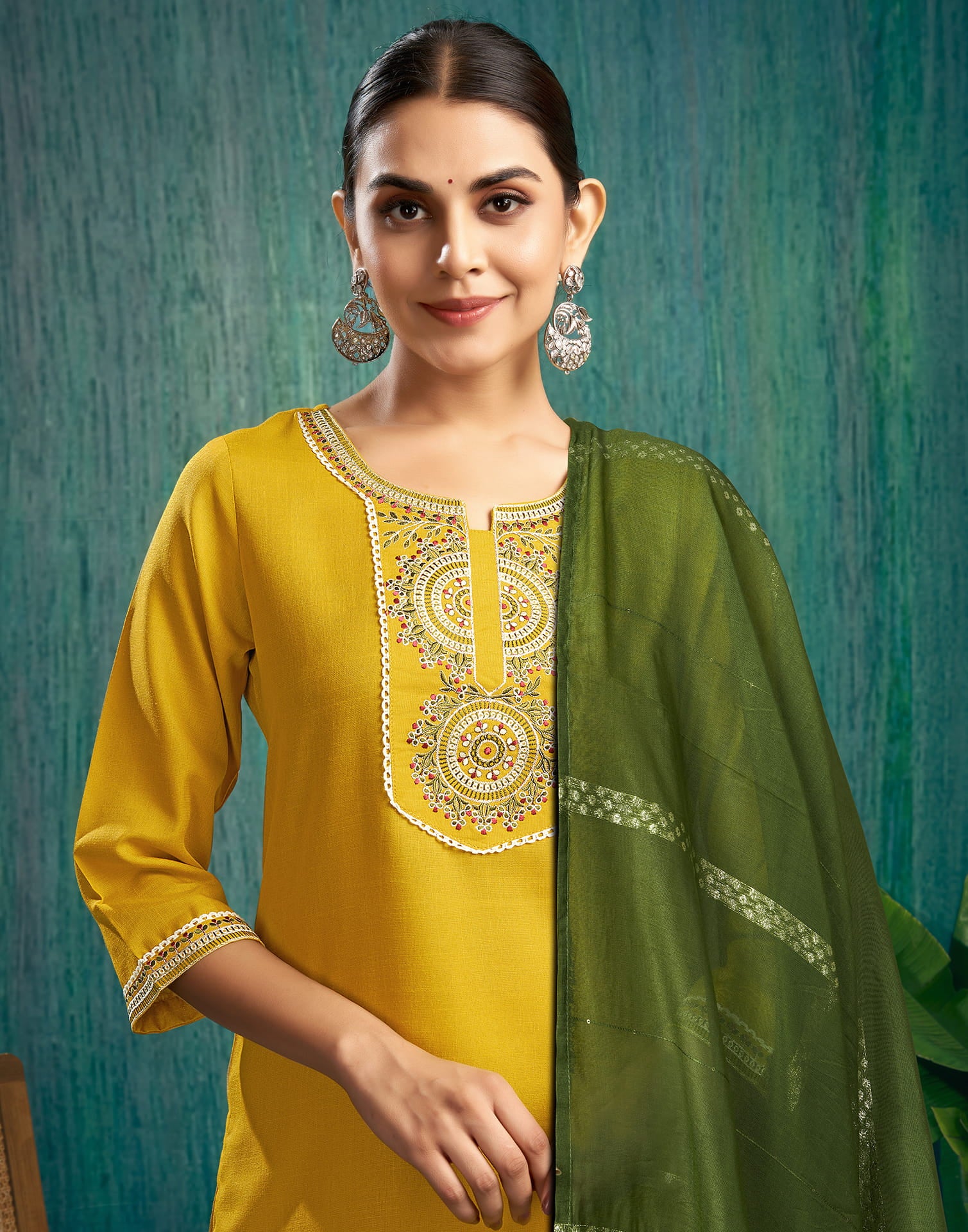 Mustard Yellow Cotton Embroidery Straight Kurta Set  With Dupatta