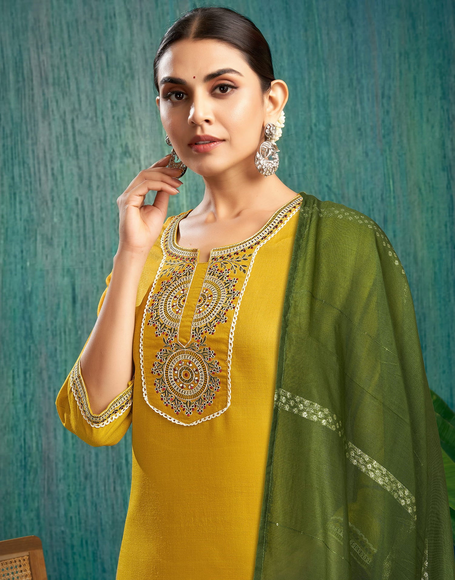 Mustard Yellow Cotton Embroidery Straight Kurta Set  With Dupatta