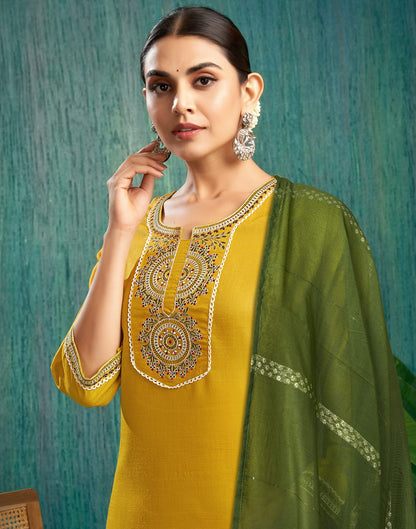 Mustard Yellow Cotton Embroidery Straight Kurta Set  With Dupatta