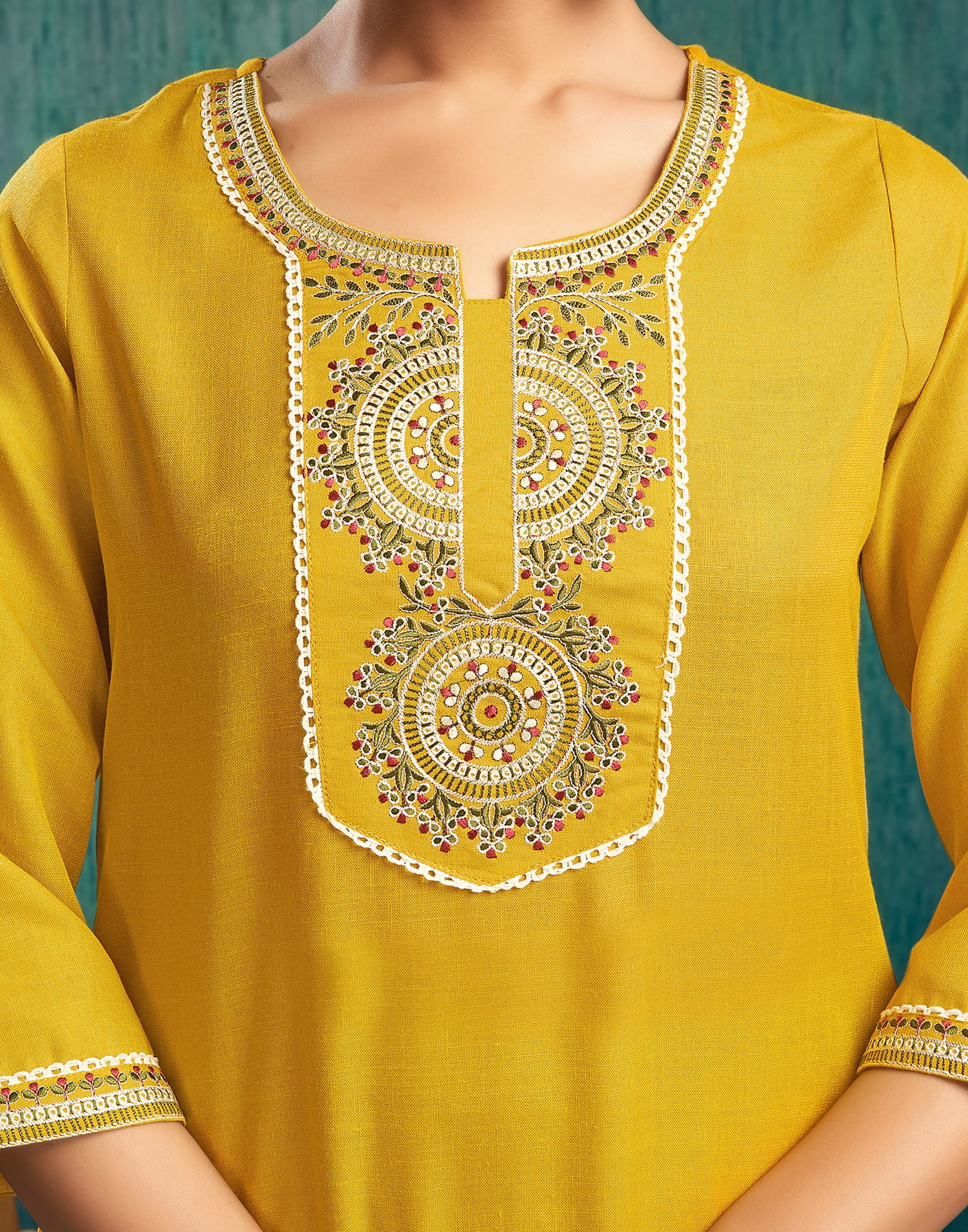 Mustard Yellow Cotton Embroidery Straight Kurta Set  With Dupatta