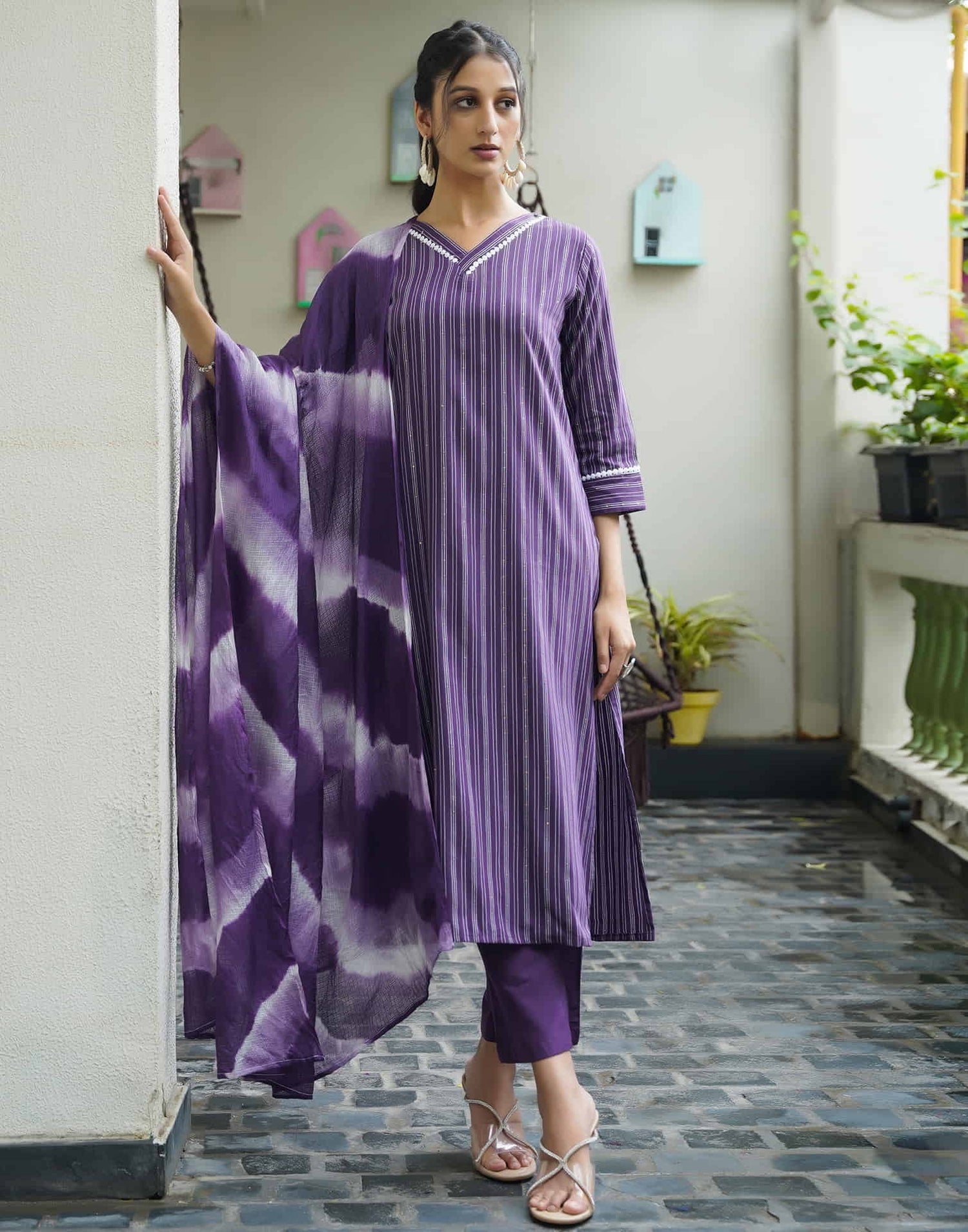 Purple Cotton Sequence Straight Kurta Set With Dupatta