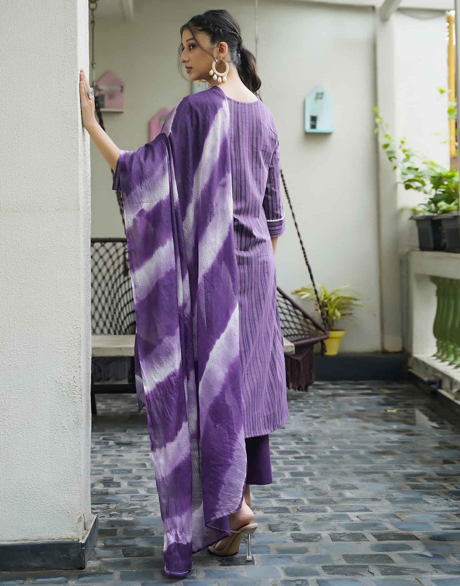 Purple Cotton Sequence Straight Kurta Set With Dupatta