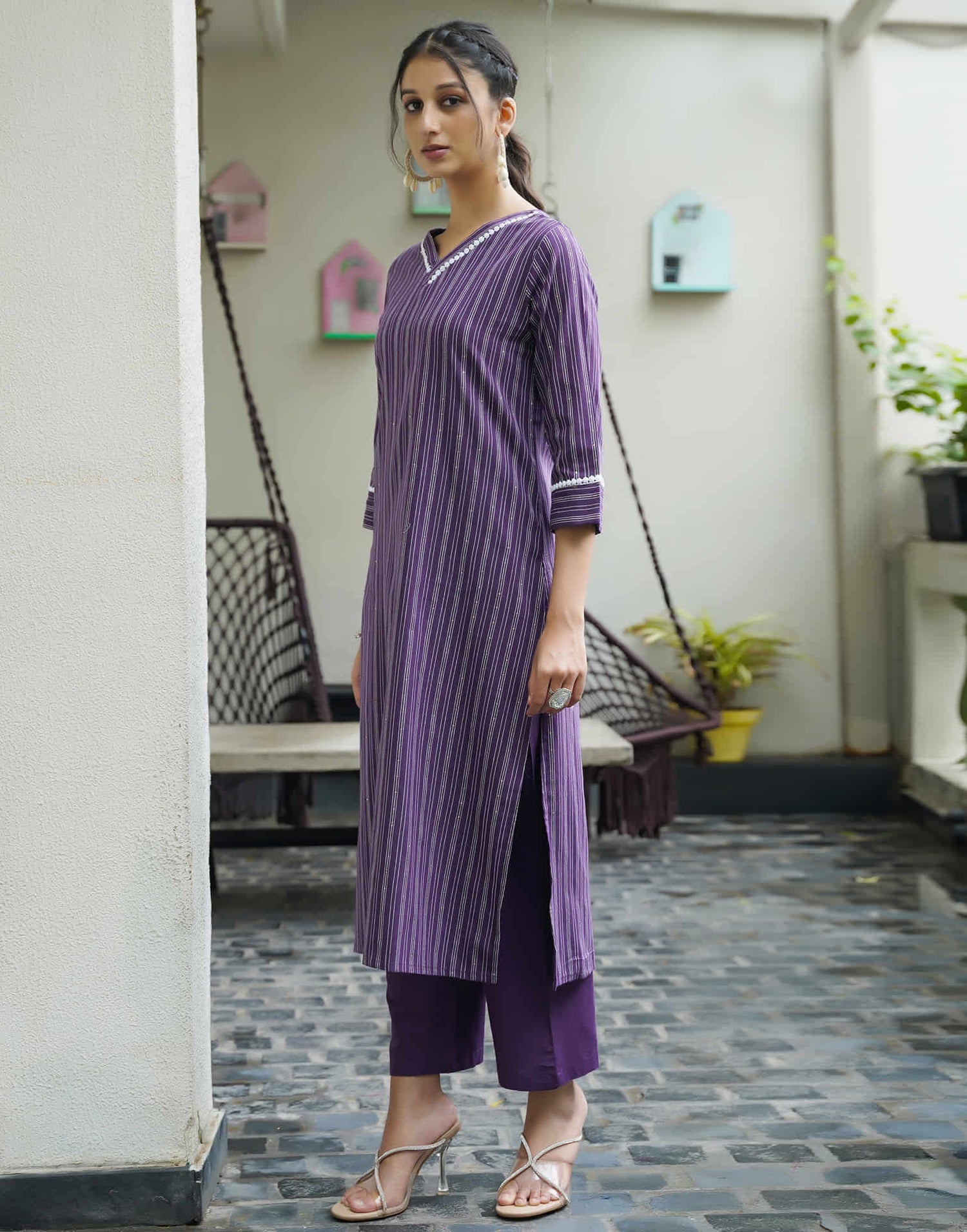 Purple Cotton Sequence Straight Kurta Set With Dupatta