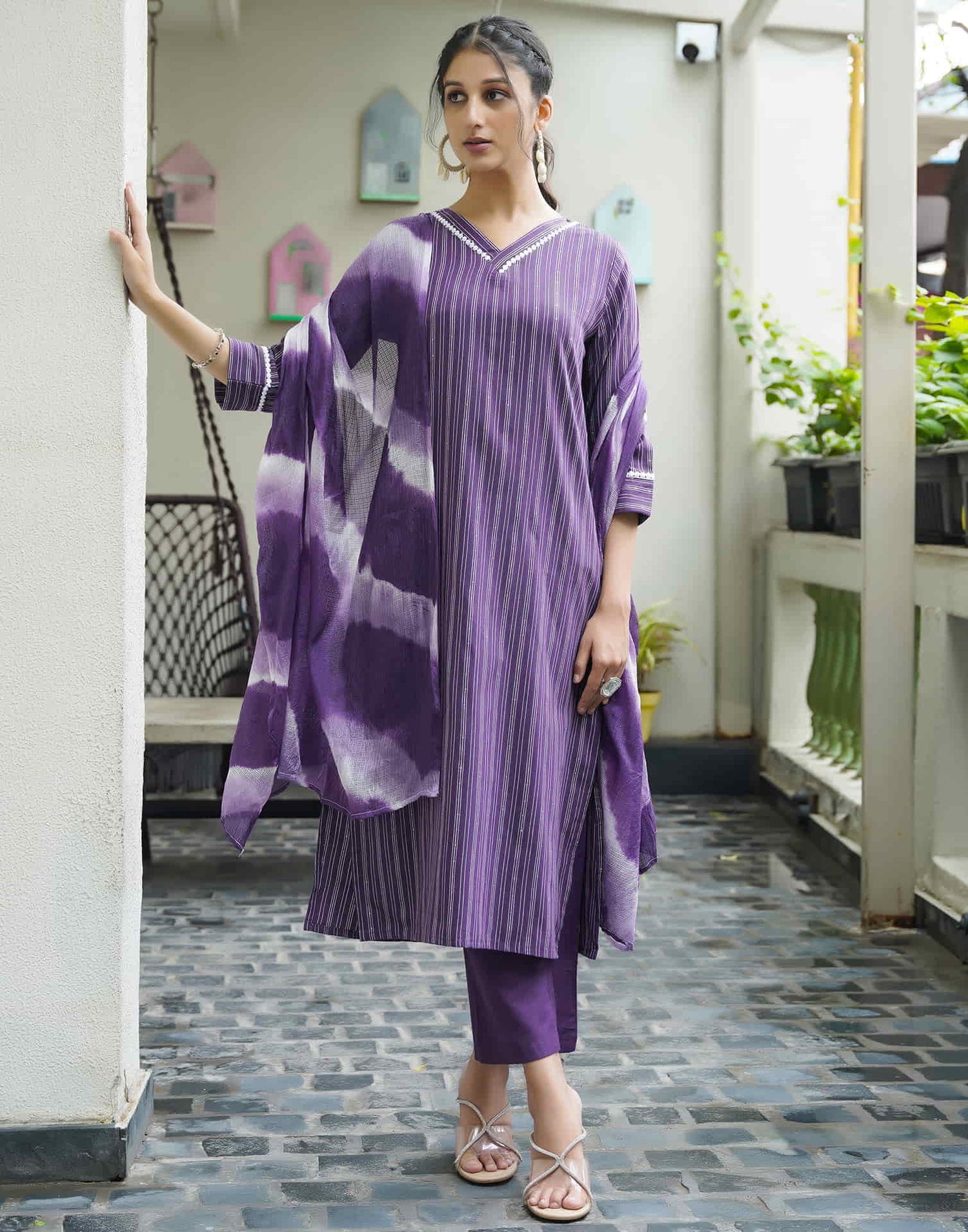 Purple Cotton Sequence Straight Kurta Set With Dupatta