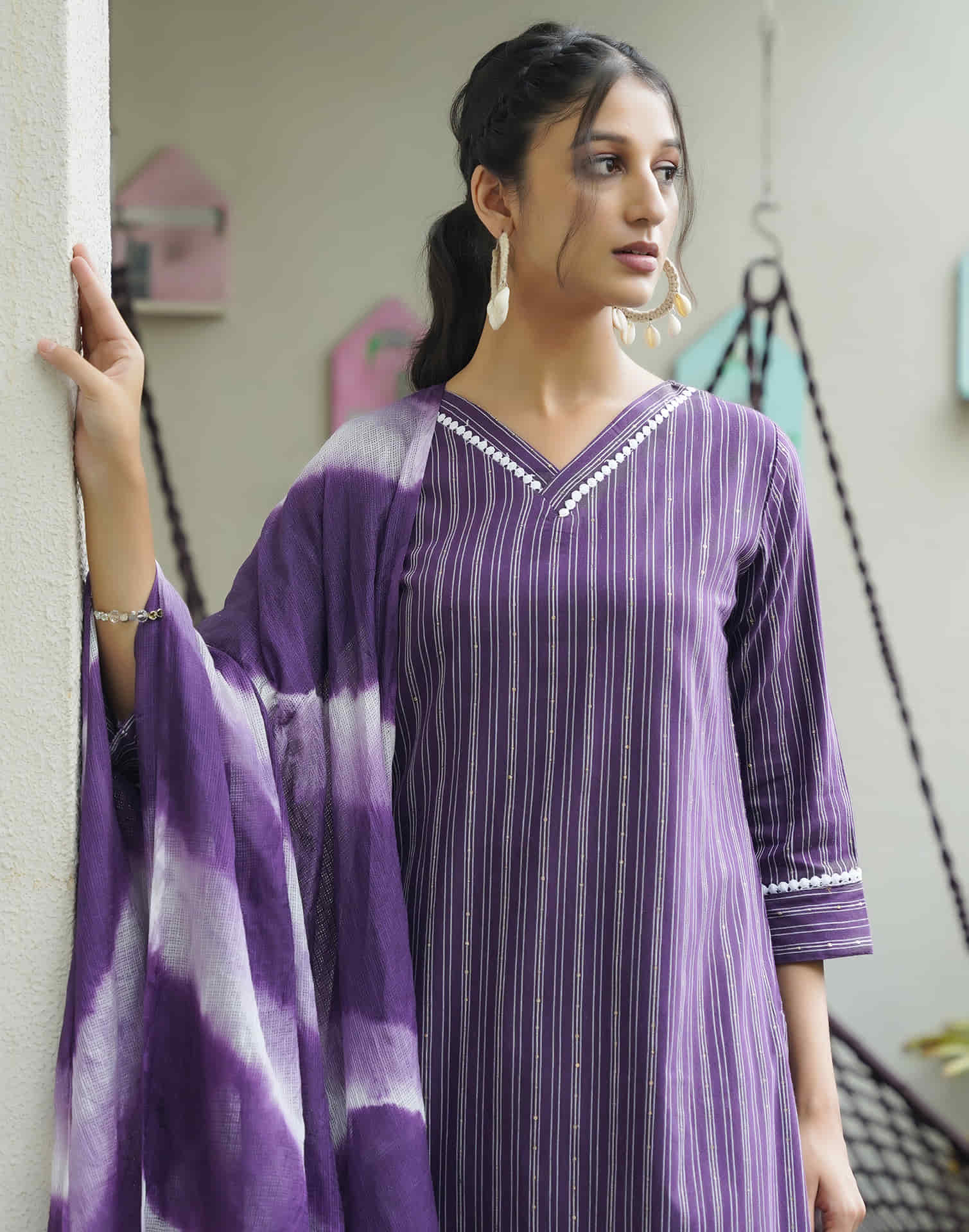 Purple Cotton Sequence Straight Kurta Set With Dupatta