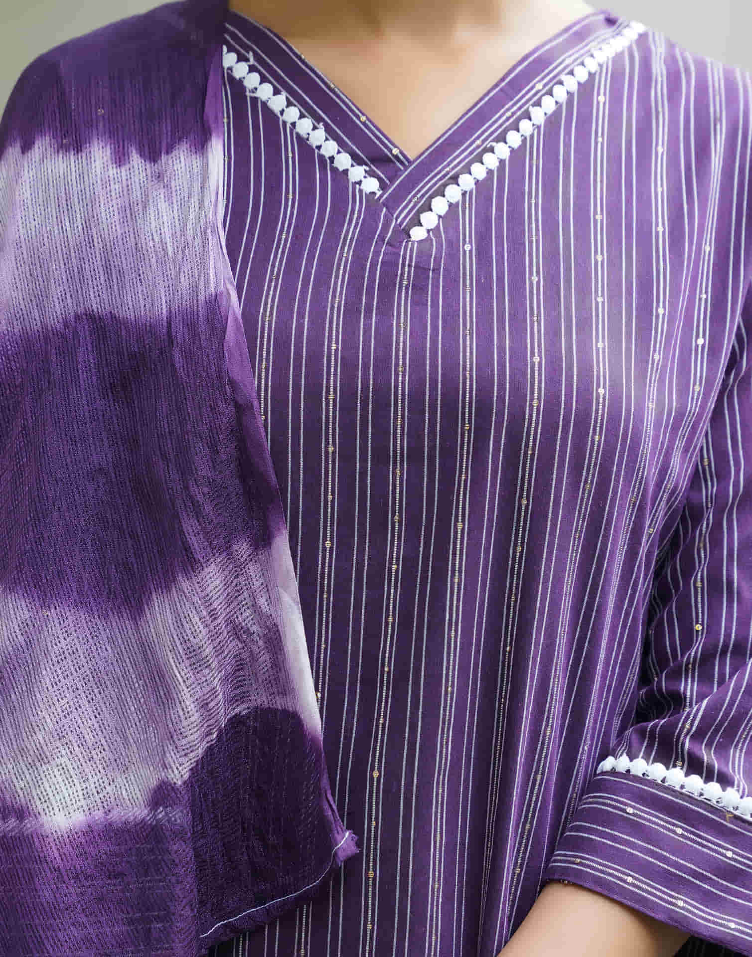 Purple Cotton Sequence Straight Kurta Set With Dupatta