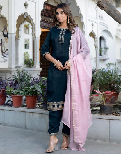 Blue Velvet Sequence Straight Kurta Set With Dupatta