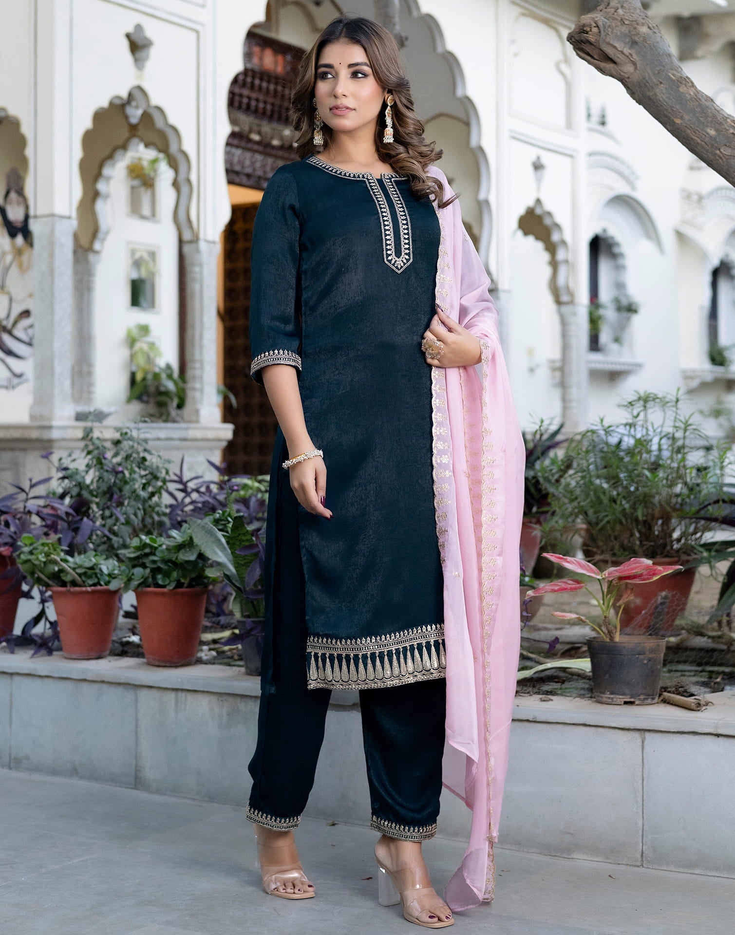 Blue Velvet Sequence Straight Kurta Set With Dupatta