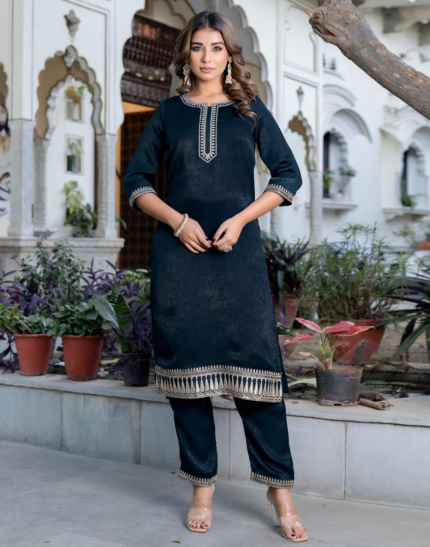 Blue Velvet Sequence Straight Kurta Set With Dupatta