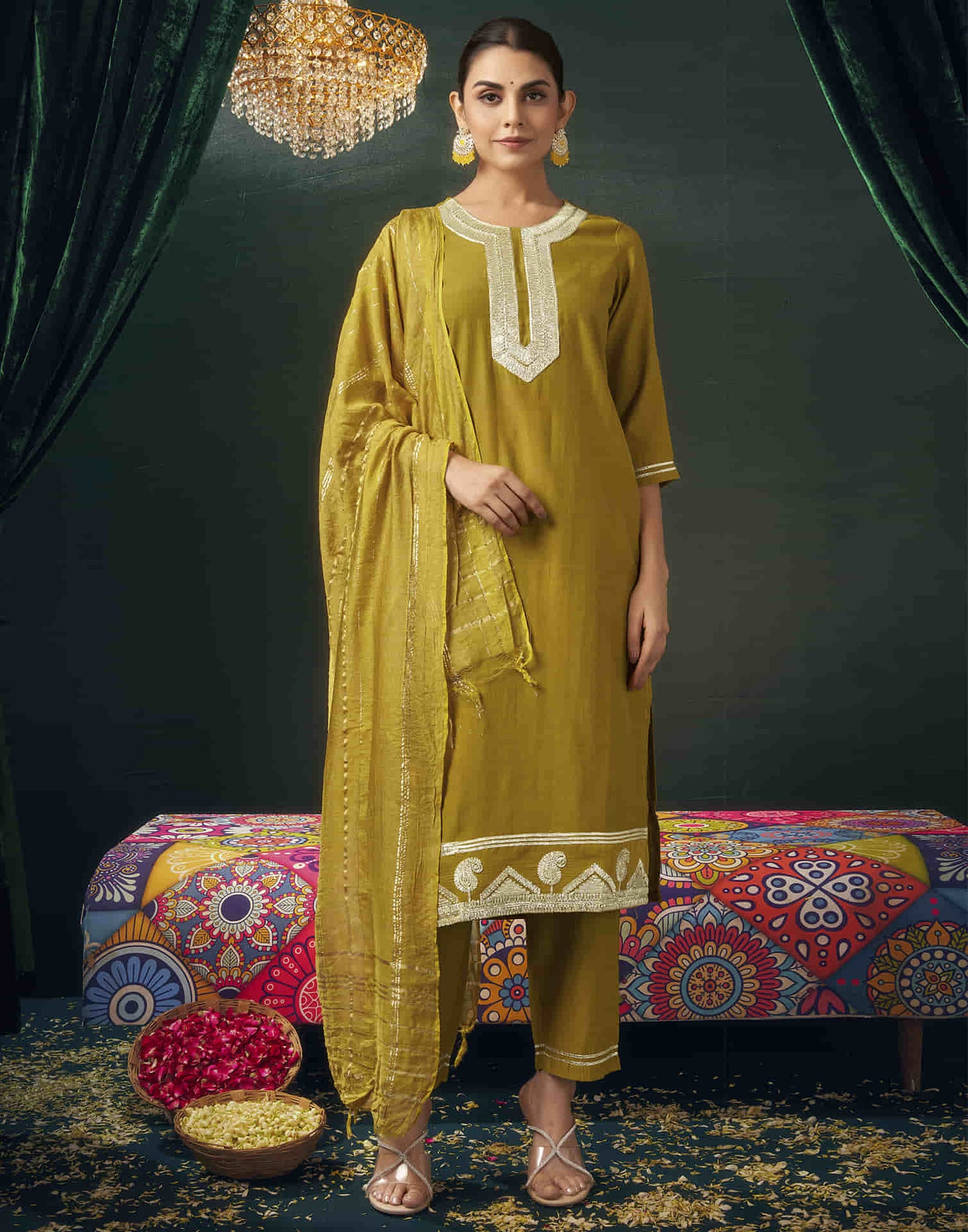 Mustard Yellow Chanderi Gota  Straight Kurta Set with Dupatta