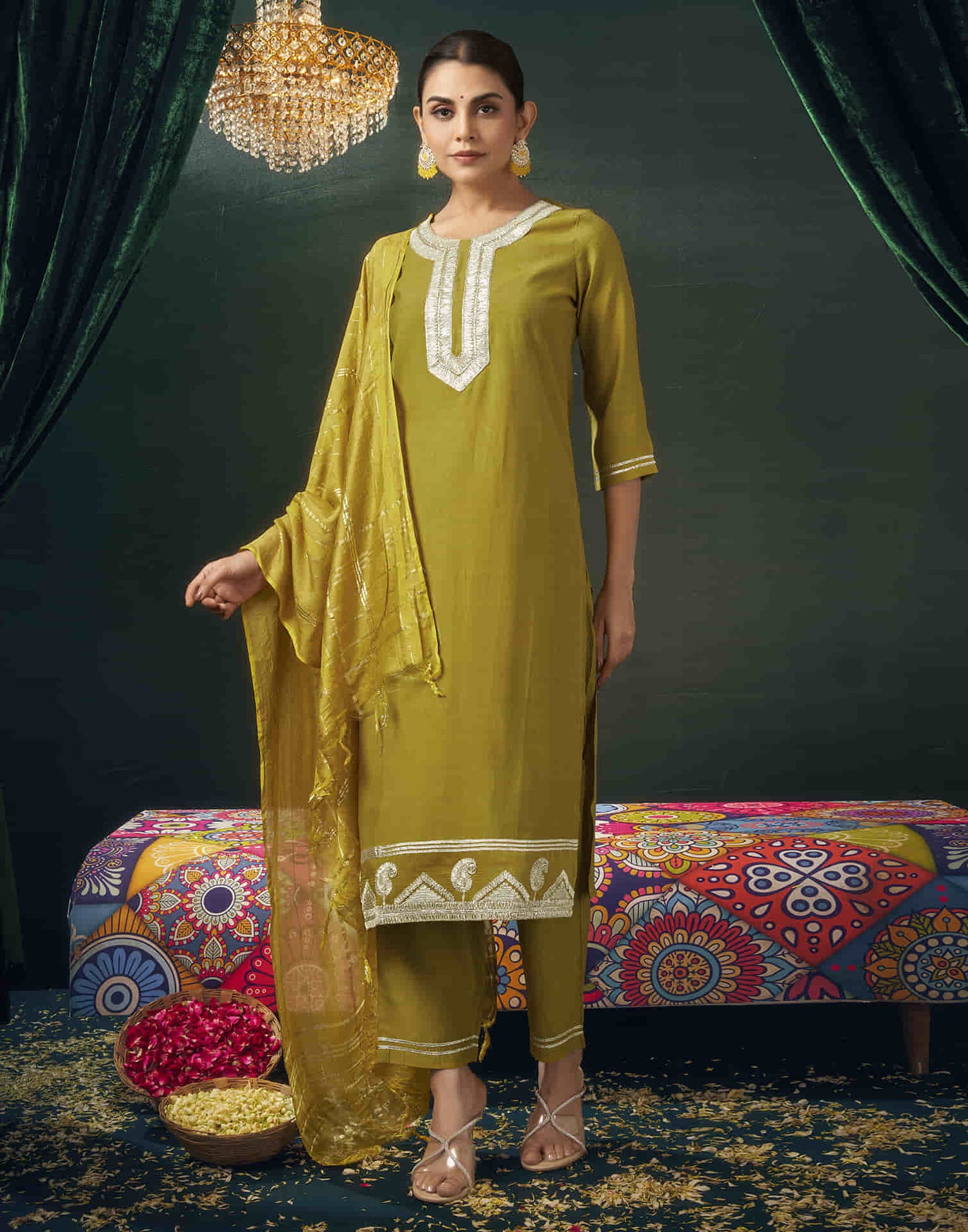 Mustard Yellow Chanderi Gota  Straight Kurta Set with Dupatta