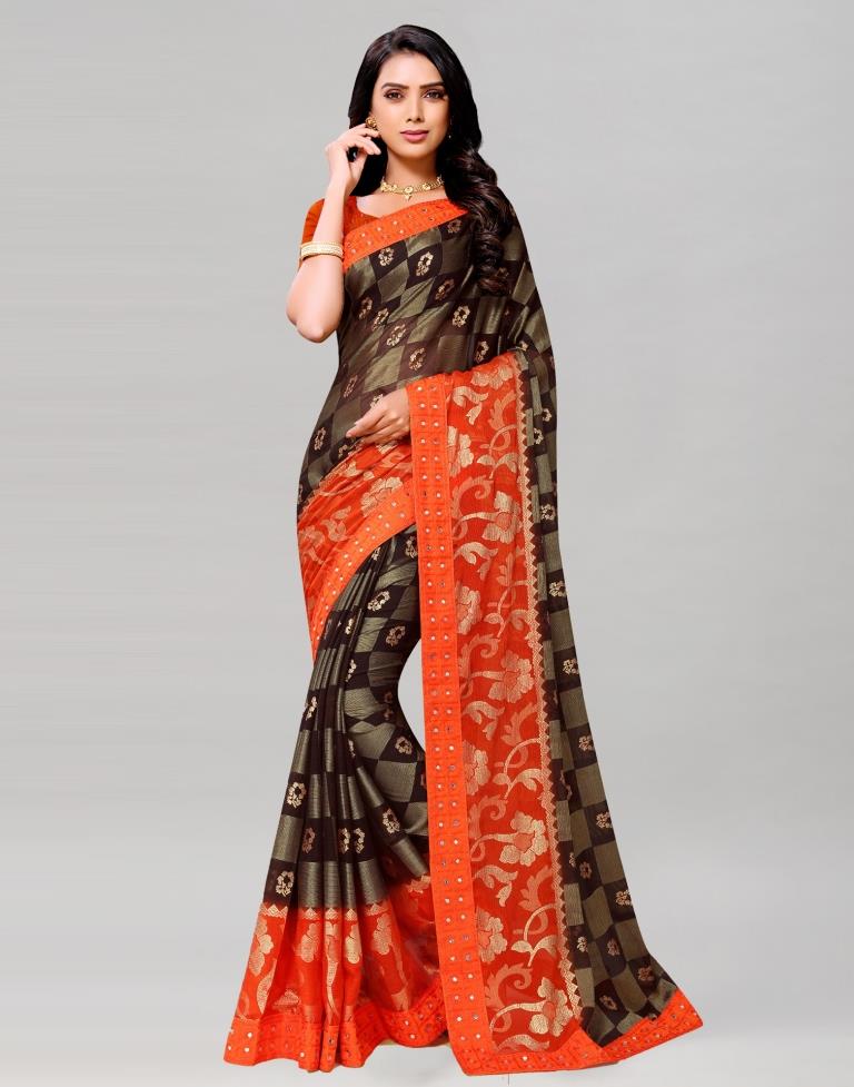 Orange Coloured Brasso Embroidered Partywear saree | Sudathi
