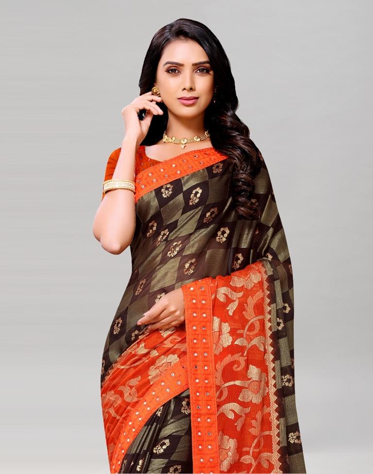 Orange Coloured Brasso Embroidered Partywear saree | Sudathi