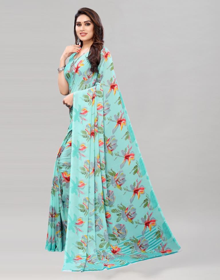 Turquoise Blue Coloured Georgette Floral Printed Saree | Sudathi
