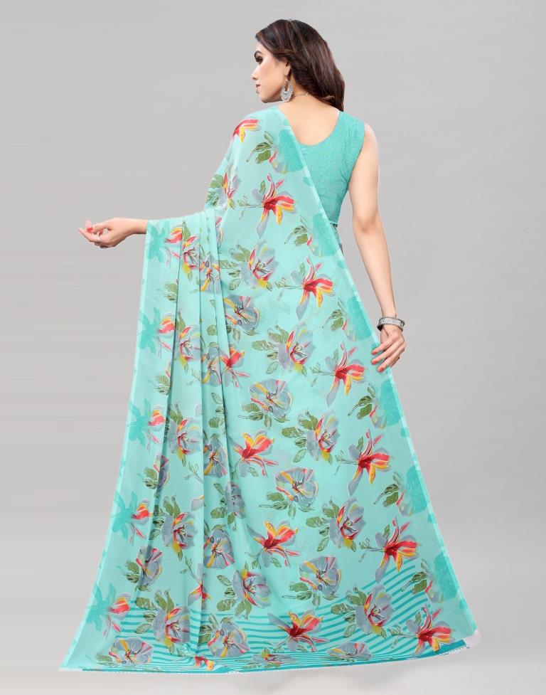 Turquoise Blue Coloured Georgette Floral Printed Saree | Sudathi