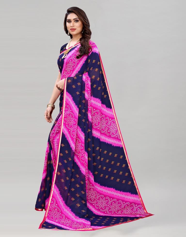 Pink And Navy Blue Coloured Georgette Bandhani Printed Saree | Sudathi