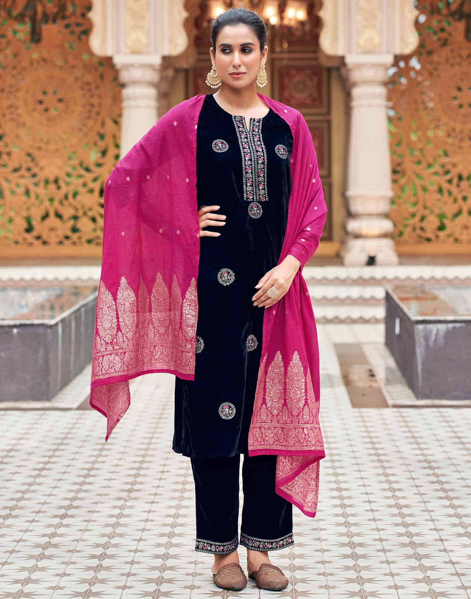 Navy Blue Velvet Plain Straight Kurta Set With Dupatta