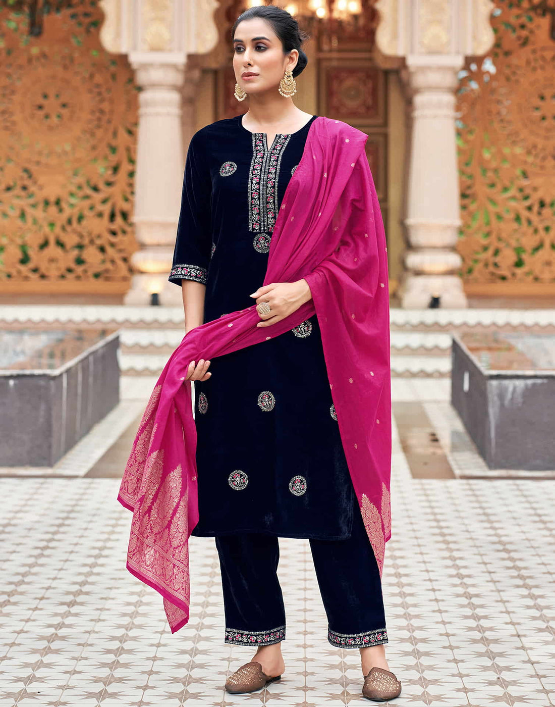 Navy Blue Velvet Plain Straight Kurta Set With Dupatta