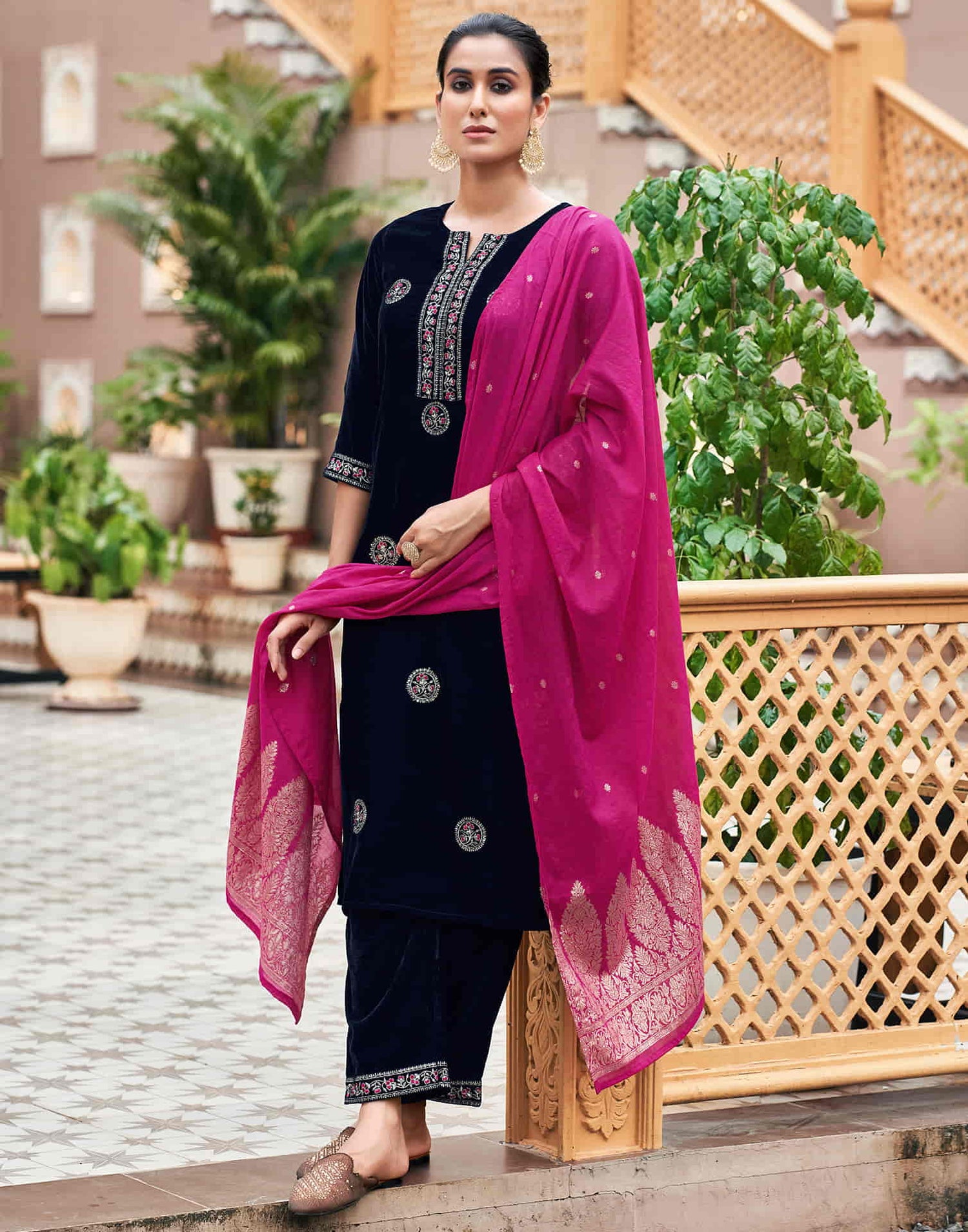 Navy Blue Velvet Plain Straight Kurta Set With Dupatta