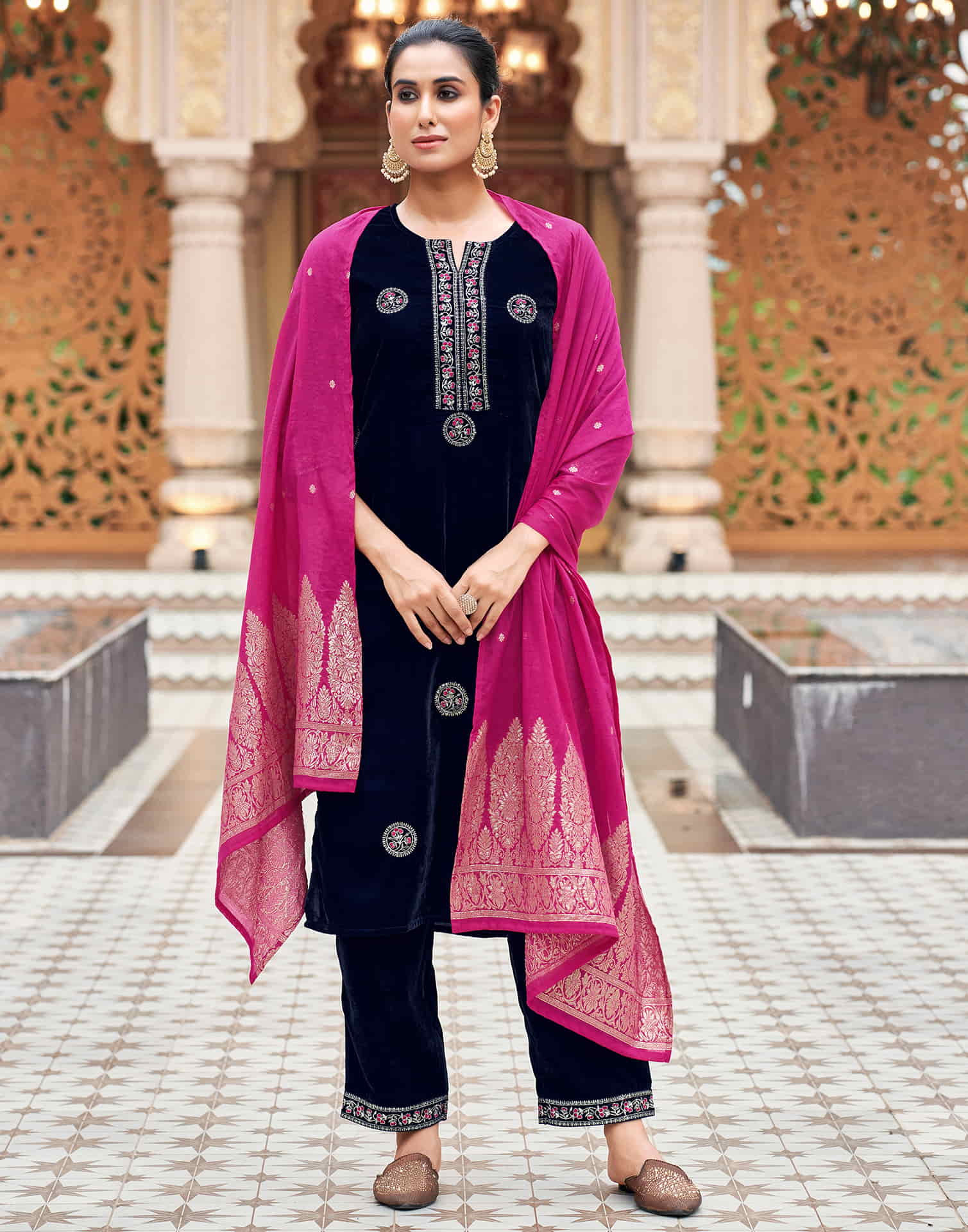 Navy Blue Velvet Plain Straight Kurta Set With Dupatta