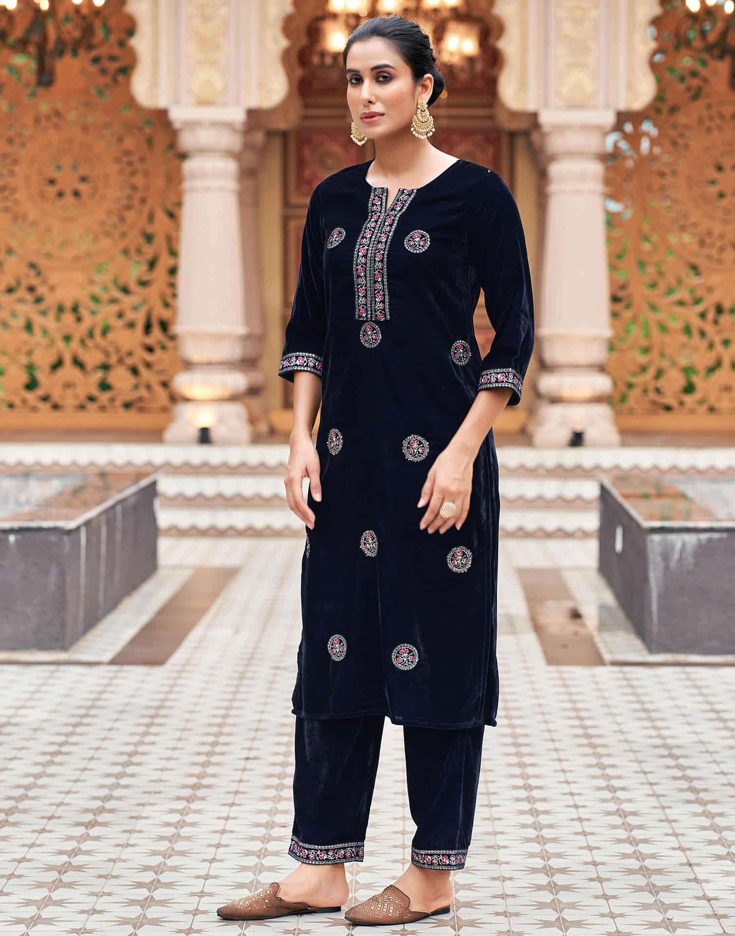 Navy Blue Velvet Plain Straight Kurta Set With Dupatta