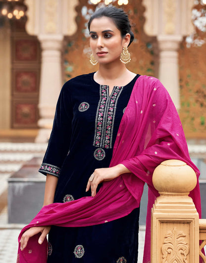 Navy Blue Velvet Plain Straight Kurta Set With Dupatta