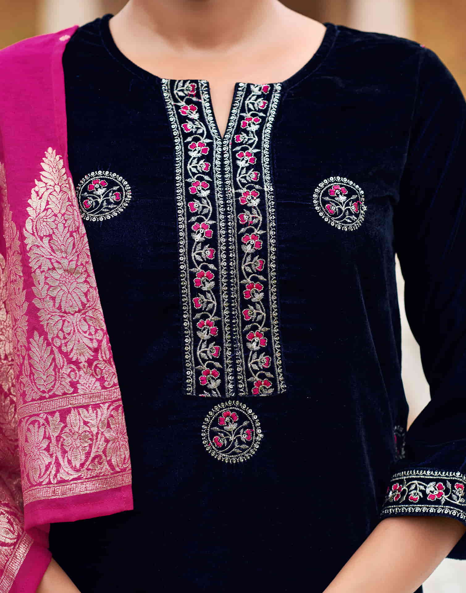 Navy Blue Velvet Plain Straight Kurta Set With Dupatta