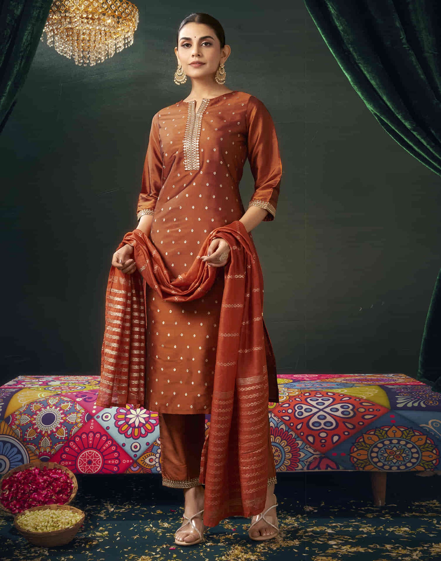 Red Silk  Jacquard Straight Kurta Set with Dupatta