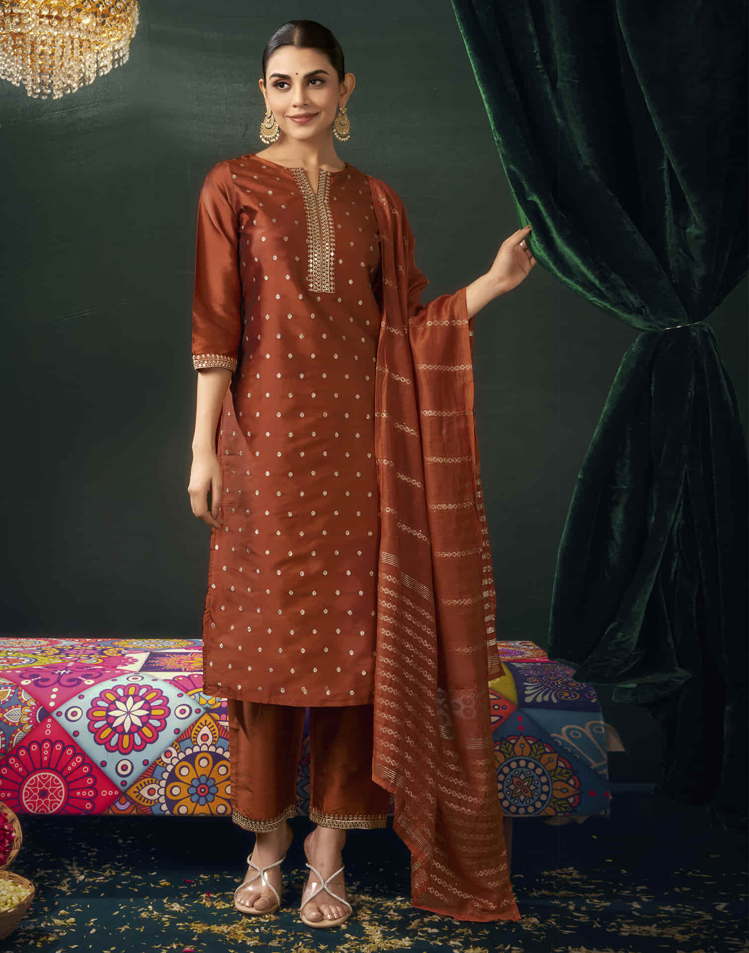 Red Silk  Jacquard Straight Kurta Set with Dupatta