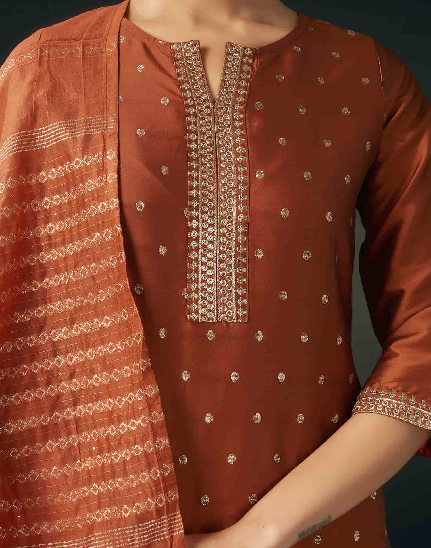 Red Silk  Jacquard Straight Kurta Set with Dupatta