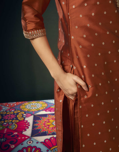 Red Silk  Jacquard Straight Kurta Set with Dupatta