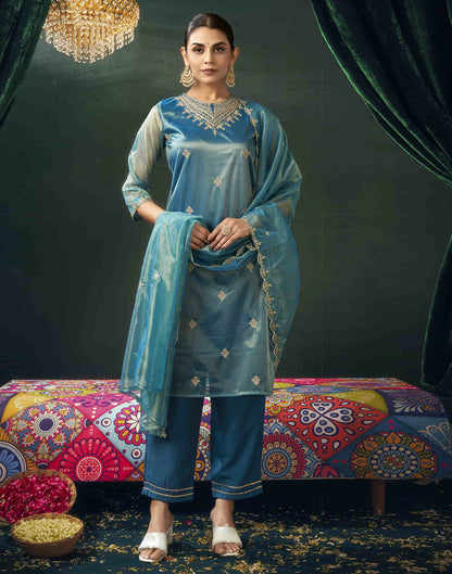 Teal Blue Shimmer Net Sequence Straight Kurta Set with Dupatta