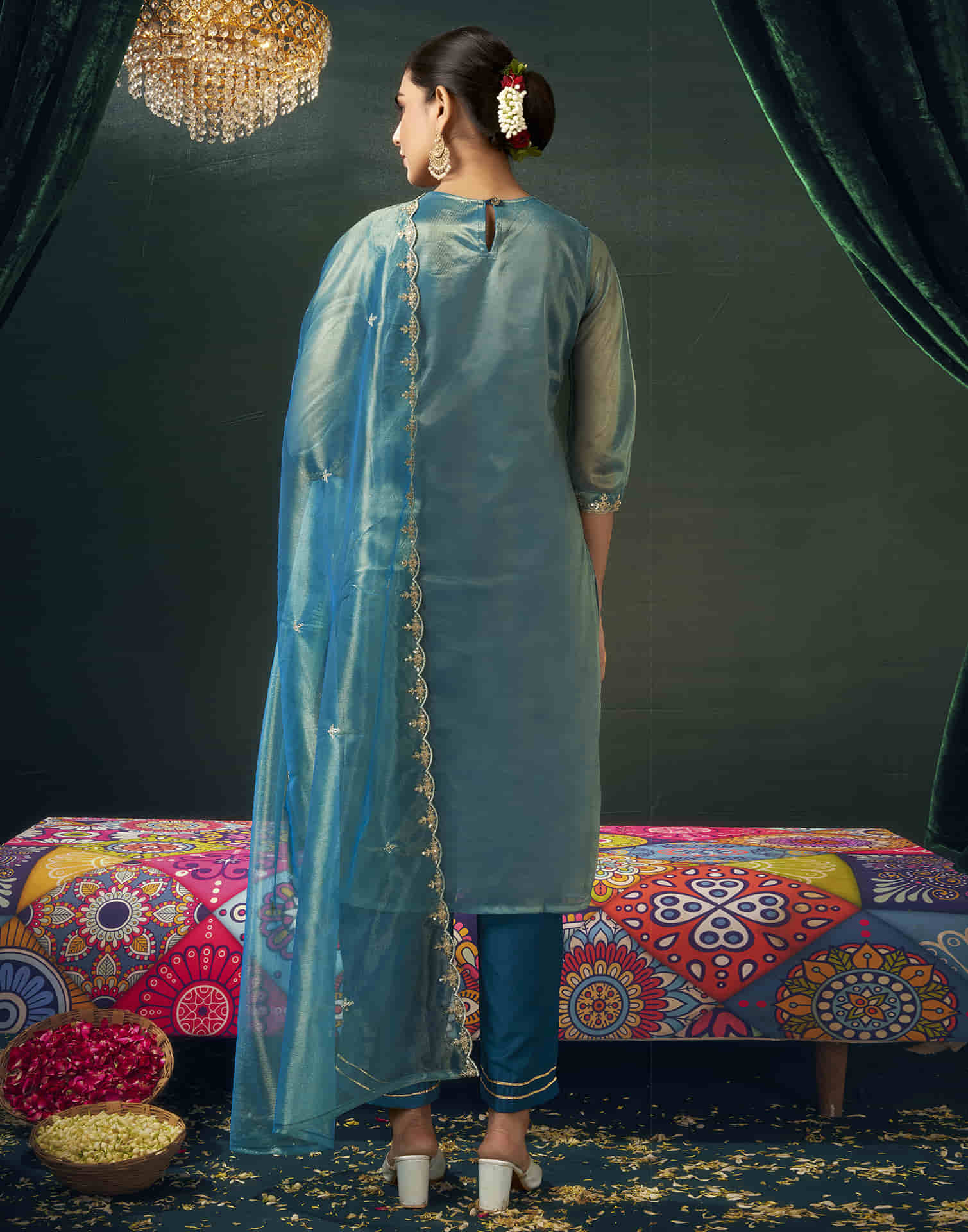 Teal Blue Shimmer Net Sequence Straight Kurta Set with Dupatta