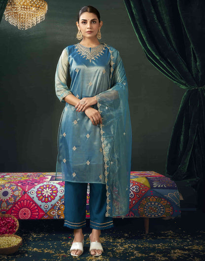 Teal Blue Shimmer Net Sequence Straight Kurta Set with Dupatta