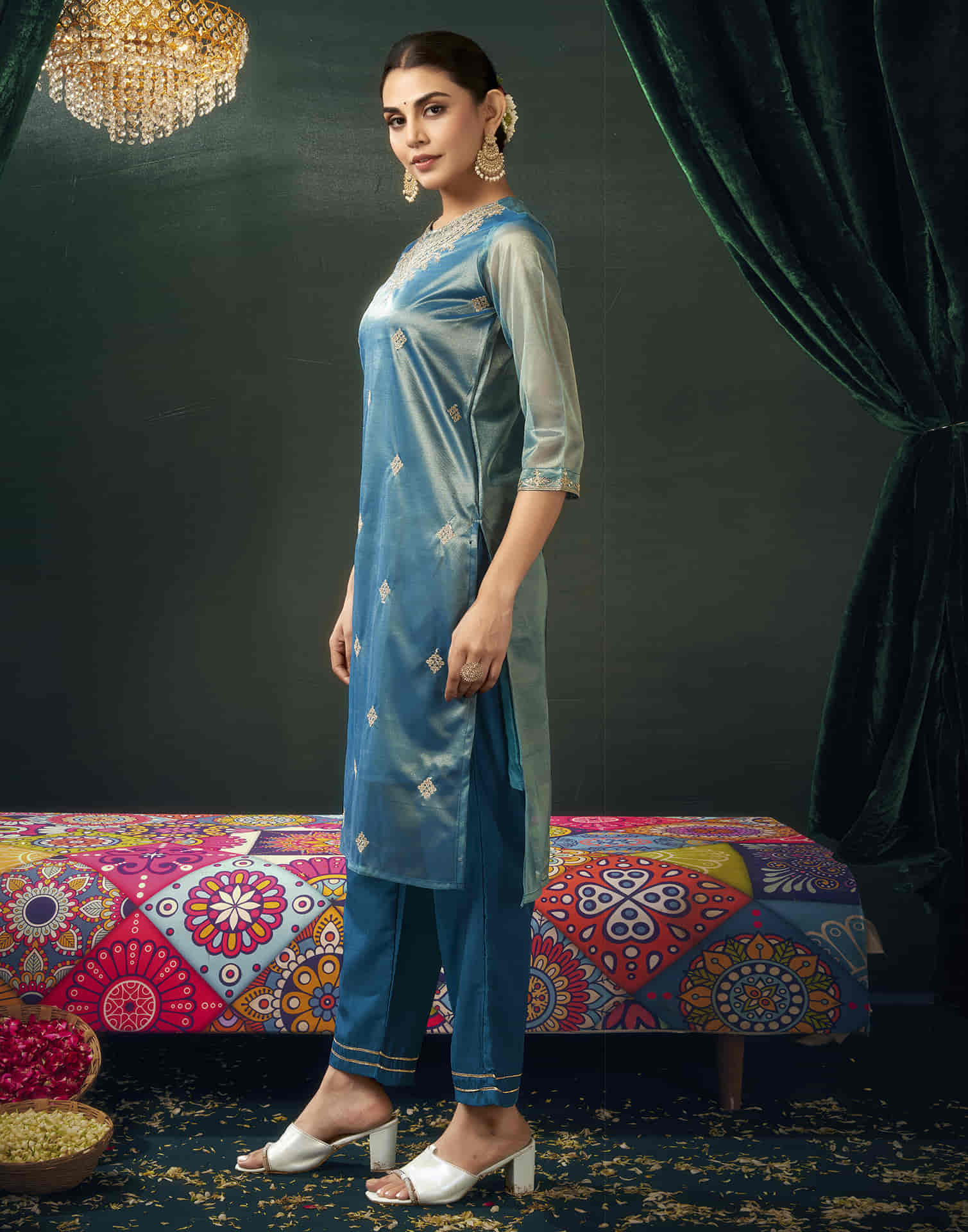 Teal Blue Shimmer Net Sequence Straight Kurta Set with Dupatta