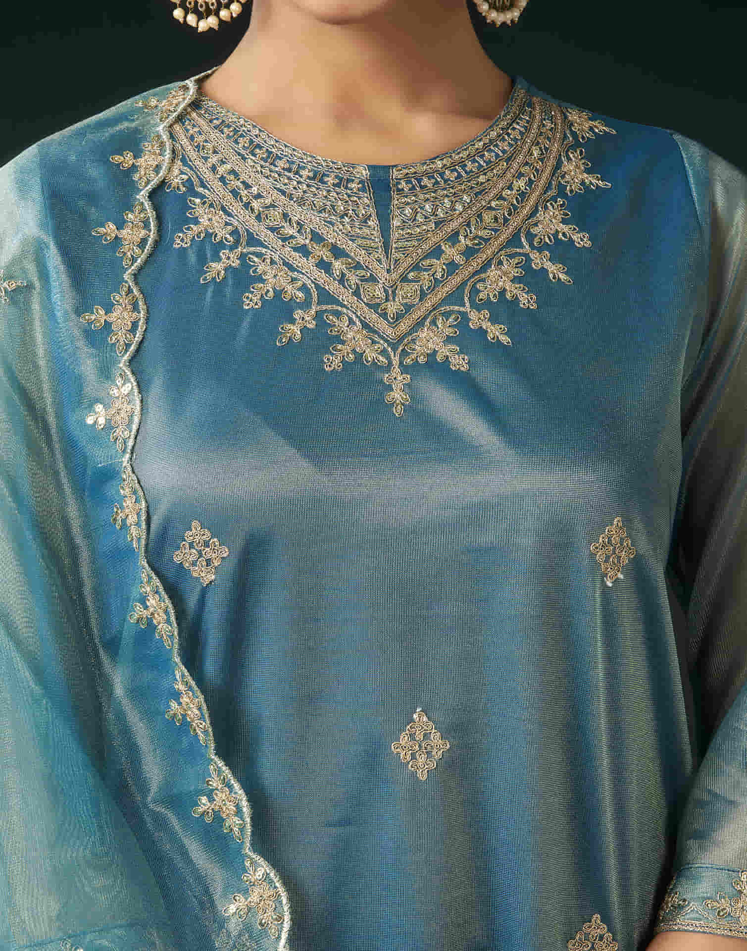 Teal Blue Shimmer Net Sequence Straight Kurta Set with Dupatta