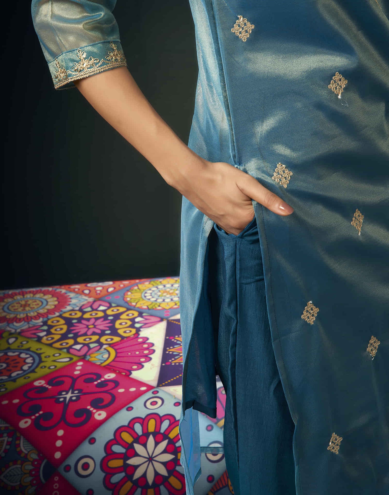 Teal Blue Shimmer Net Sequence Straight Kurta Set with Dupatta