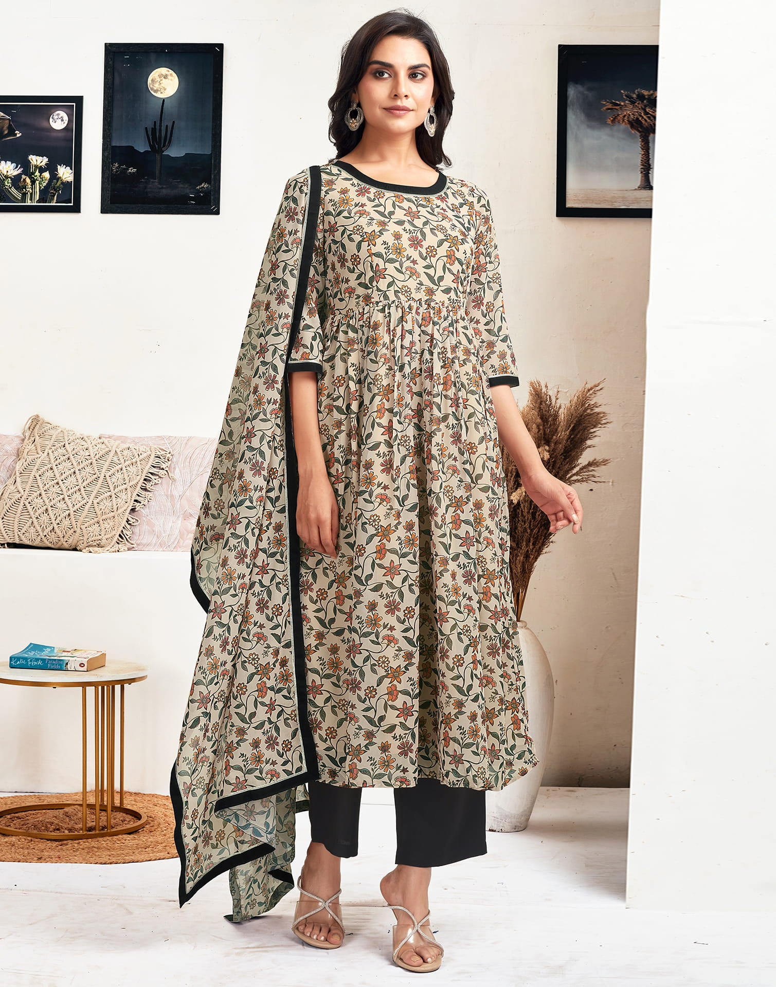 Beige Georgette Printed Flared Kurta Set With Dupatta