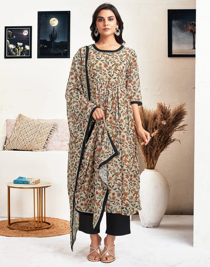 Beige Georgette Printed Flared Kurta Set With Dupatta