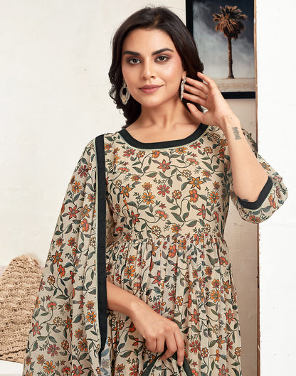 Beige Georgette Printed Flared Kurta Set With Dupatta