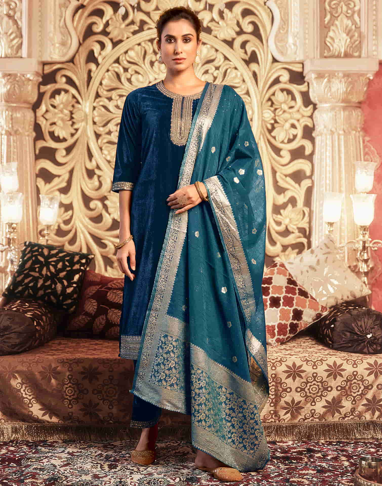 Rama Blue Velvet Plain Straight Kurta Set With Dupatta