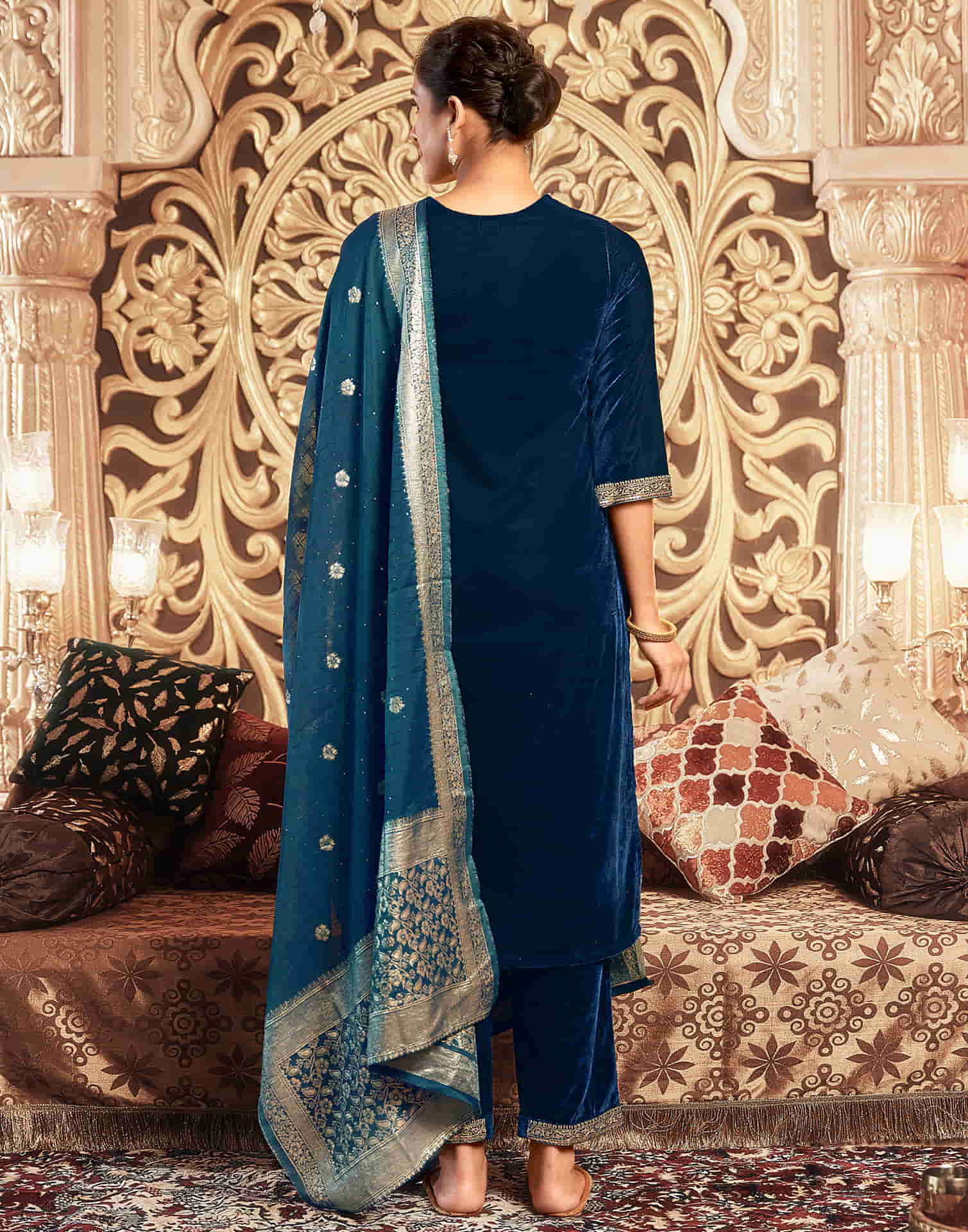 Rama Blue Velvet Plain Straight Kurta Set With Dupatta