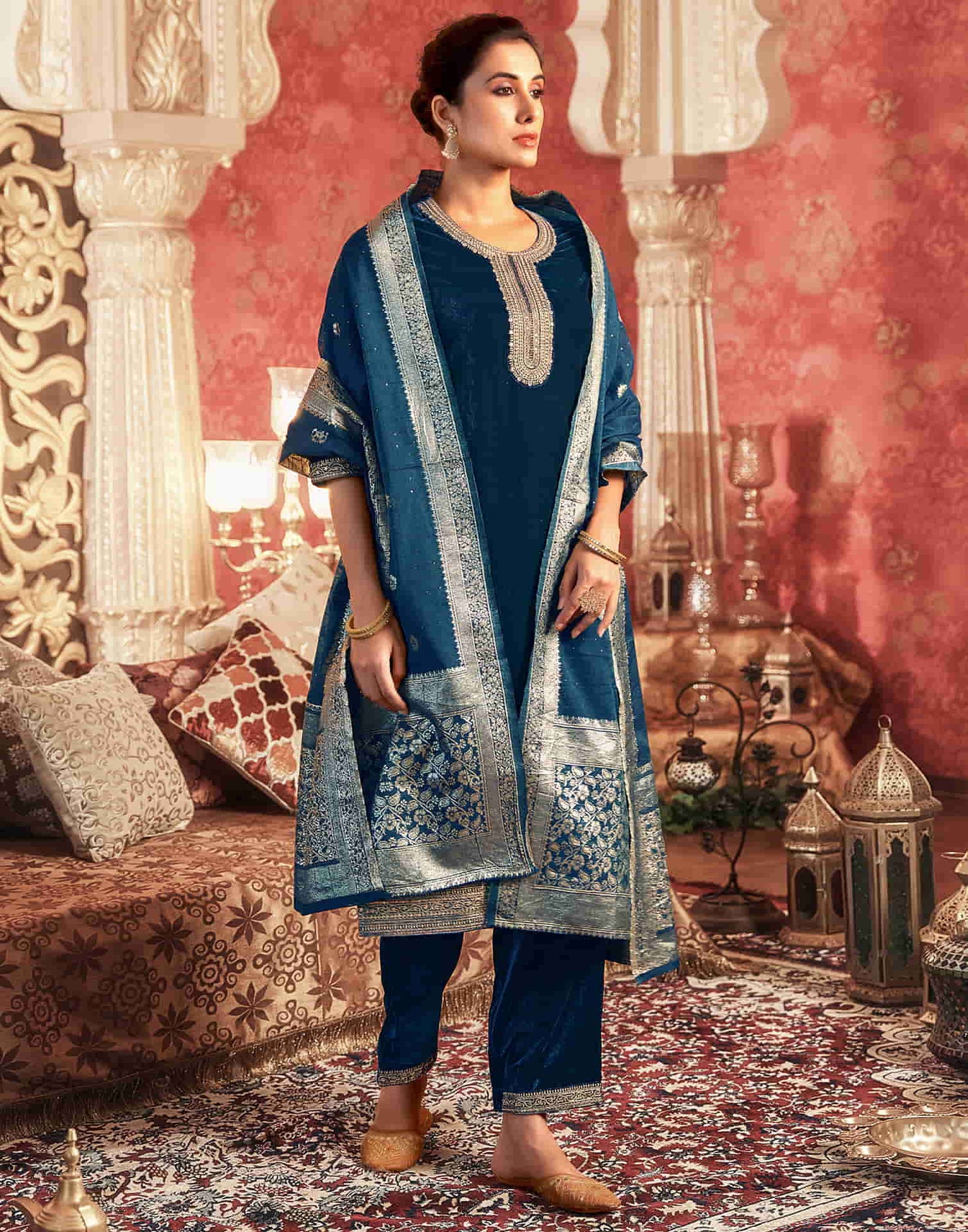 Rama Blue Velvet Plain Straight Kurta Set With Dupatta