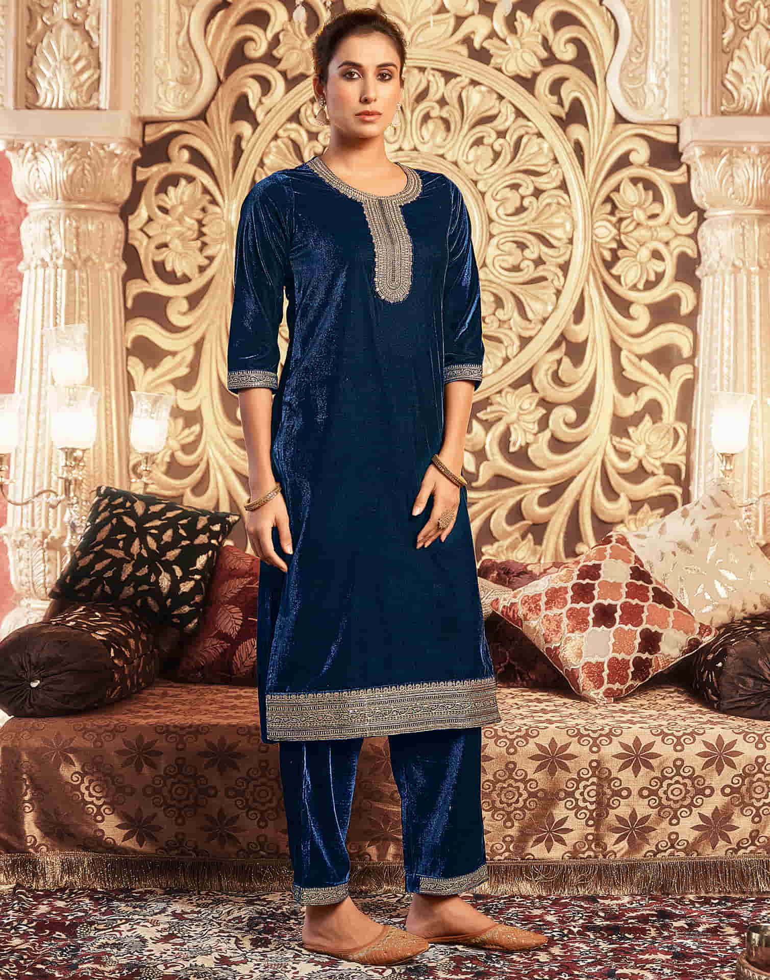 Rama Blue Velvet Plain Straight Kurta Set With Dupatta