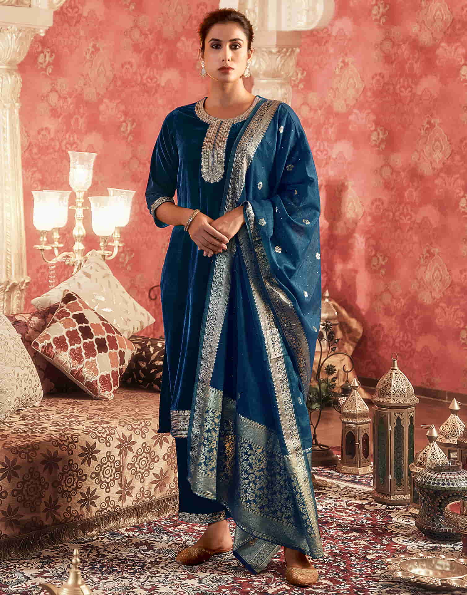 Rama Blue Velvet Plain Straight Kurta Set With Dupatta