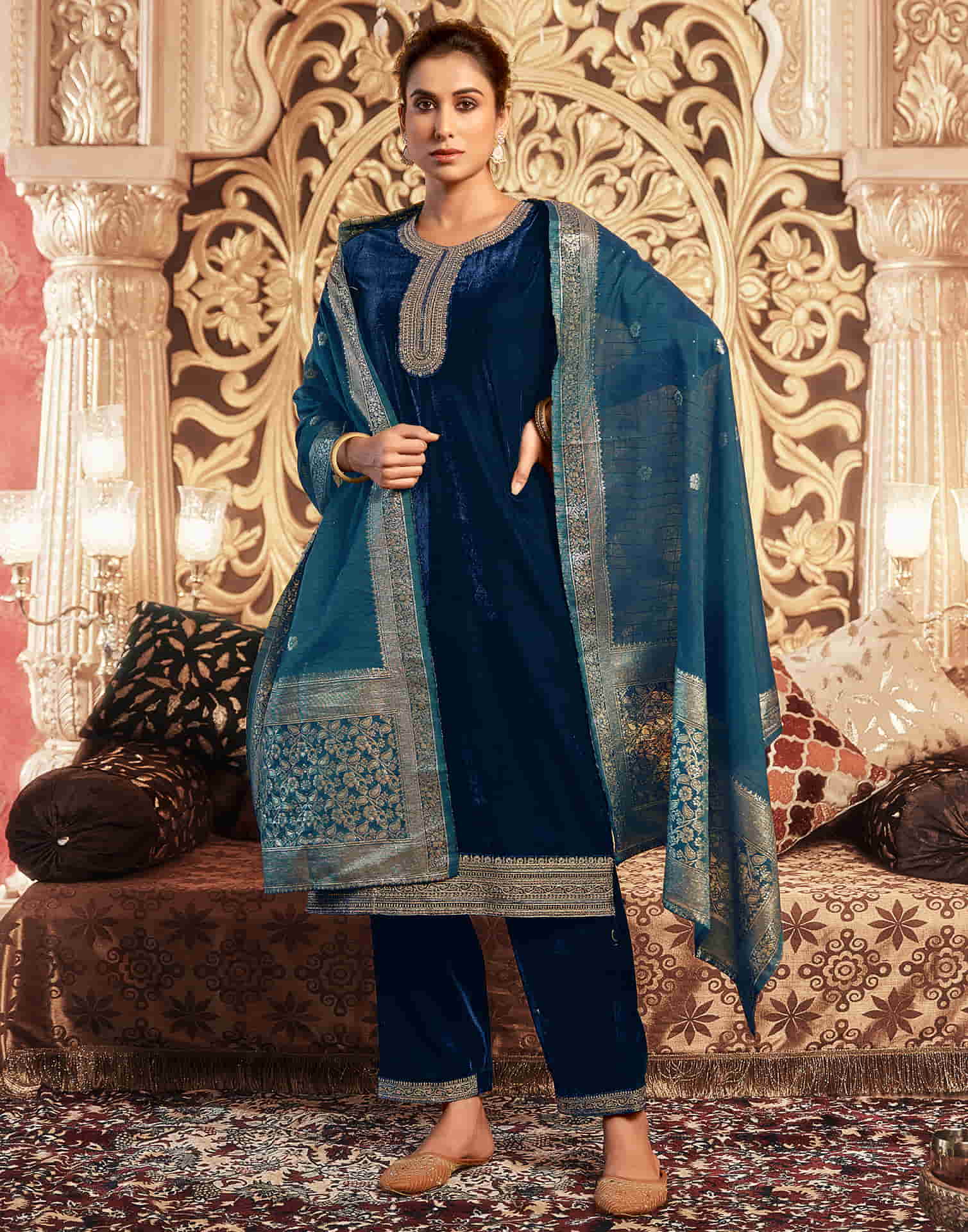 Rama Blue Velvet Plain Straight Kurta Set With Dupatta