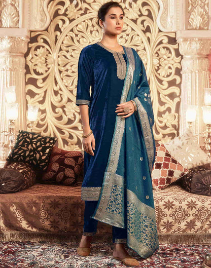 Rama Blue Velvet Plain Straight Kurta Set With Dupatta